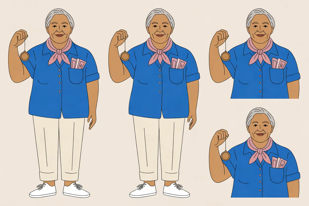 The Chime Driver character sheet on a warm cream background: two full-length front views and two head-and-shoulders views, all with the same calm closed-mouth smile and one fist raised holding a round brass chime on a short cord. She wears a cobalt-blue short-sleeved shirt with a folded pink route map in the pocket, a rose-pink neckerchief, cream trousers with rolled cuffs and white sneakers.