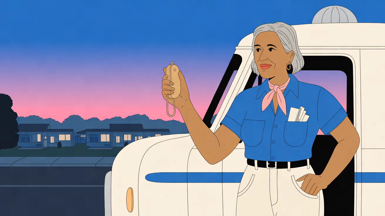 The Chime Driver, a sturdy woman with tan skin and a silver bob, stands at the right beside the open door of a rounded cream ice-cream truck with a cobalt stripe and a domed roof light, one hand on her hip and the other holding up a small brass chime box on a cord. She wears a cobalt-blue short-sleeved shirt with folded papers in the pocket, a rose-pink neckerchief, a black belt and cream trousers. To the left, a row of low houses with lit windows sits under a cobalt-to-rose dusk sky.